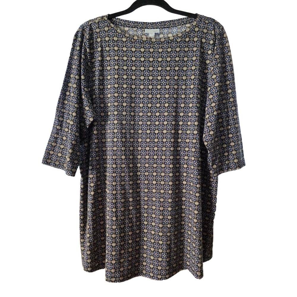 J. Jill Top Womens Size L Blue/Green Geometric Tunic 3/4 Sleeve Crew Neck Modern